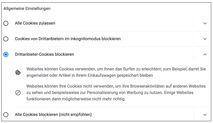Screenshot der Browsereinstellungen, mit denen man unliebsame Cookies verbietet