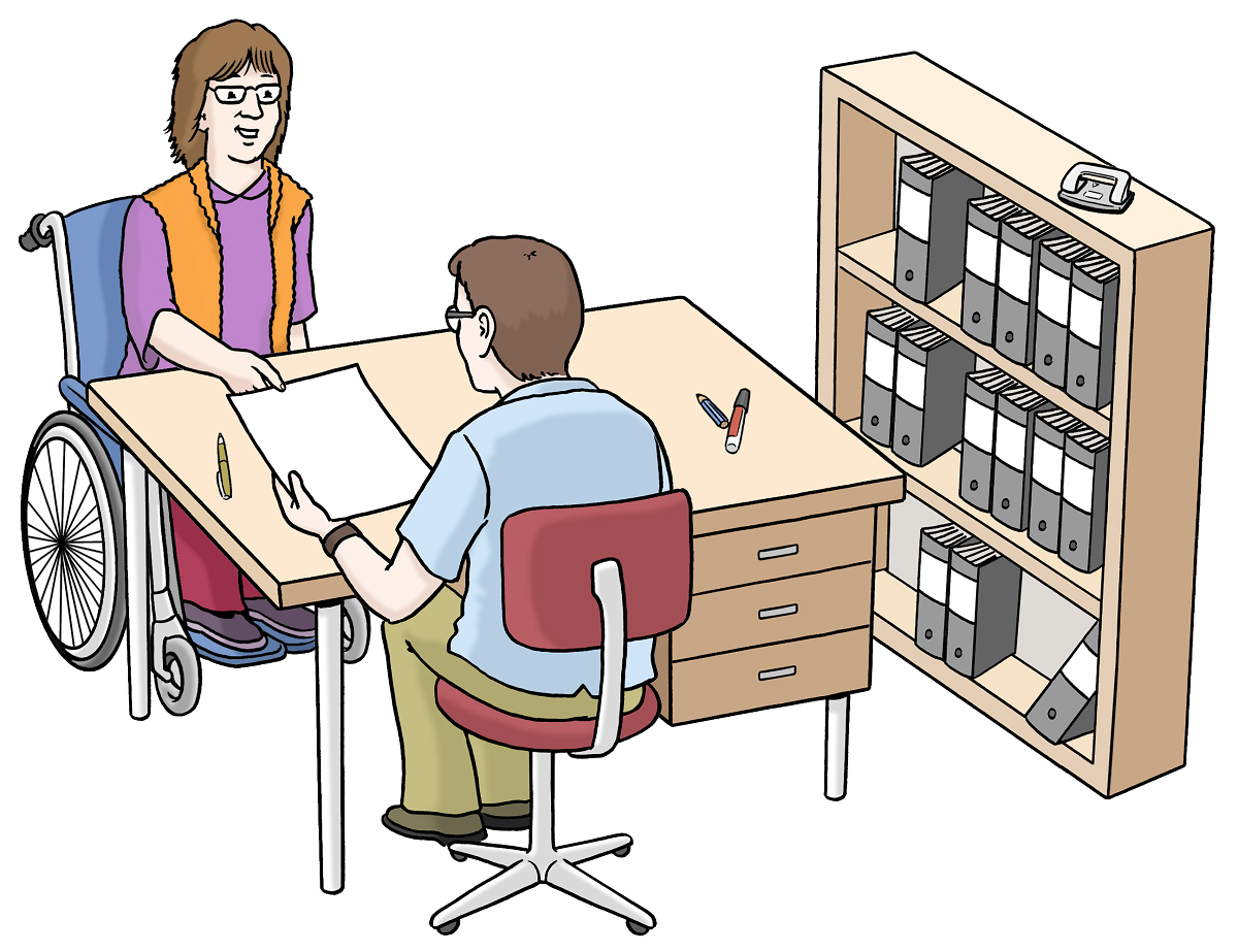 Zeichnung von zwei Personen in einem Büro. eien Person sitzt im Rollstuhl und reicht ein Papier über den Tisch.