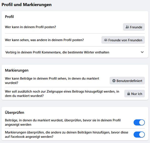 Screenshot mit Einstellungsmöglichkeiten von Markierungen auf Facebook