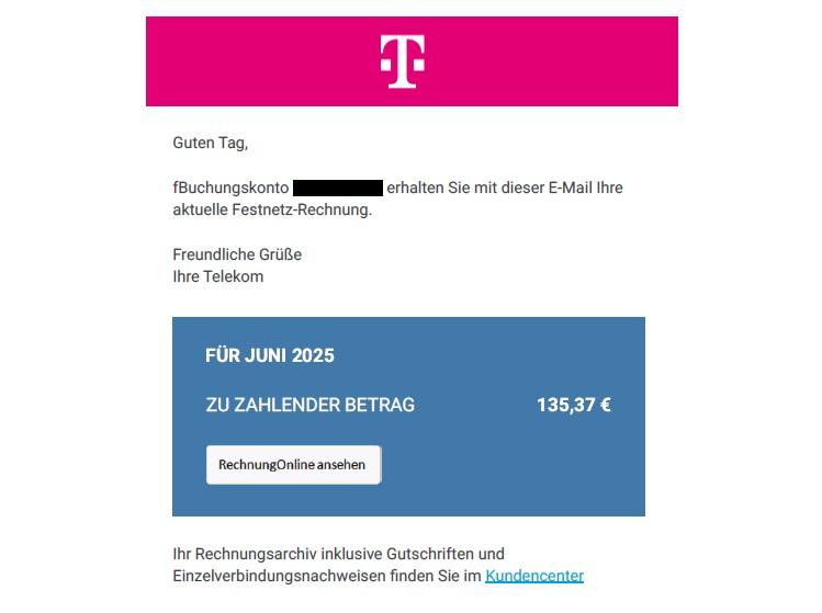 Beispiel einer gefälschten Telekom-Mail