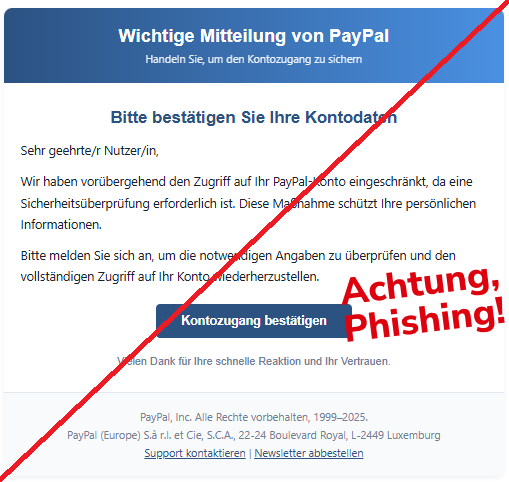Screenshot einer Mail von "PayPal" und dem Text:"Wichtige Mitteilung von PayPal Handeln Sie, um den Kontozugang zu sichern Bitte bestätigen Sie Ihre Kontodaten Sehr geehrte/r Nutzer/in, Wir haben vorübergehend den Zugriff auf Ihr PayPal-Konto eingeschränkt, da eine Sicherheitsüberprüfung erforderlich ist. Diese Maßnahme schützt Ihre persönlichen Informationen. Bitte melden Sie sich an, um die notwendigen Angaben zu überprüfen und den vollständigen Zugriff auf Ihr Konto wiederherzustellen. Kontozugang bestätigen Vielen Dank für Ihre schnelle Reaktion und Ihr Vertrauen. PayPal, Inc. Alle Rechte vorbehalten, 1999–2025. PayPal (Europe) S.à r.l. et Cie, S.C.A., 22-24 Boulevard Royal, L-2449 Luxemburg Support kontaktieren | Newsletter abbestellen".