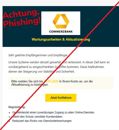 Screenshot einer E-Mail mit Logo der Commerzbank und Text: "Commerz Logo Wartungsarbeiten & Aktualisierung Sehr geehrte Empfängerinnen und Empfänger, Unsere Systeme werden derzeit gewartet und verbessert. In dieser Zeit kann es vorübergehend zu eingeschränkten Zugriffen kommen. Diese Maßnahmen dienen der Steigerung von Stabilität und Sicherheit. Bitte melden Sie sich bis 14.01.2026 in Ihrem Konto an, um die Aktualisierung zu bestätigen. Jetzt fortfahren Begründung: Gewährleistet einen zuverlässigen Zugang zu allen Online-Diensten. Stärkt den Schutz sensibler Kundendaten. Reduziert das Risiko von Dienstunterbrechungen."