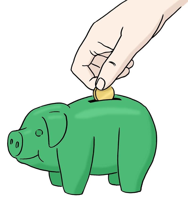 Sparschwein grün mit Hand und Geldstück