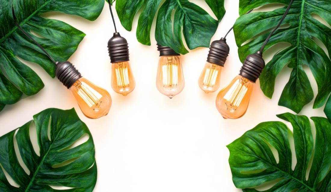 Fünf Edison-Glühbirnen umringt von Pflanzen