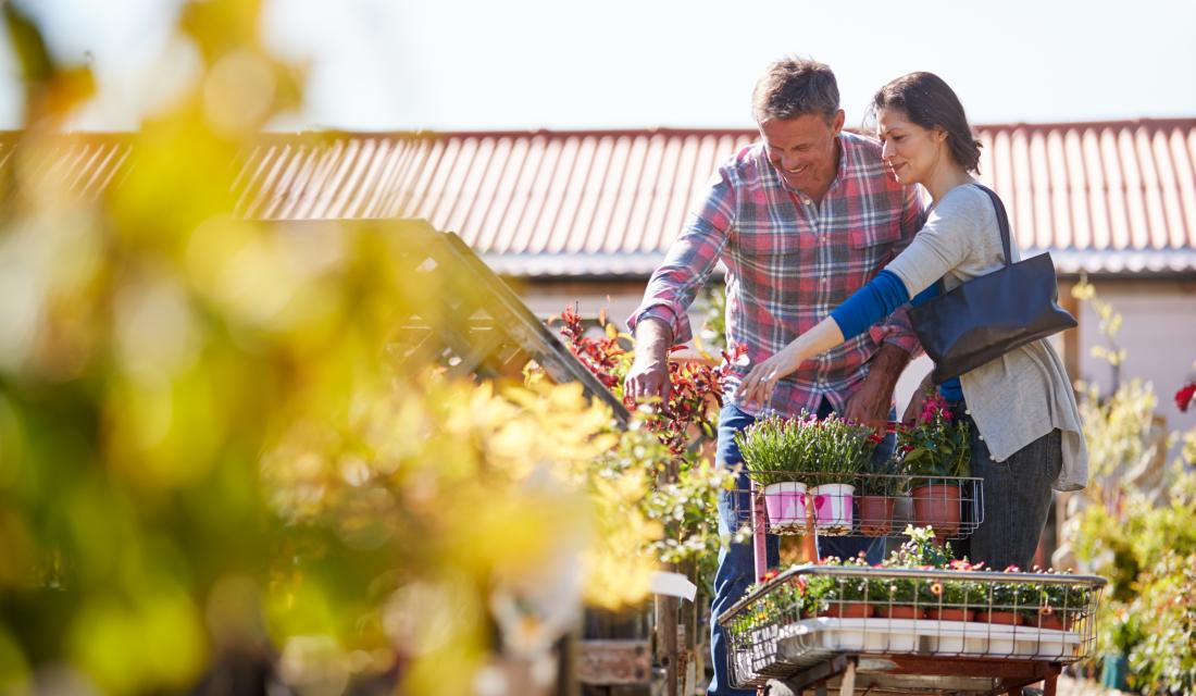 Ein Paar sucht im Gartenmarkt Pflanzen aus