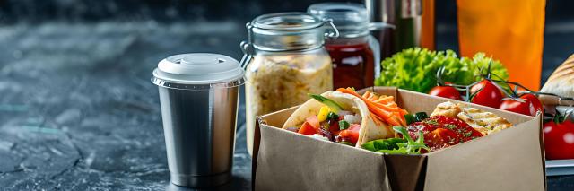 Ki generiertes Foto von Fladenbrot und Gemüse in Pappschachteln, daneben stehen verschiedene Behälter aus verschiedenen Materialien, die mit Getränken fegüllt sind. Hinter dem Karton steht ein Teller mit Tomaten und Salat..