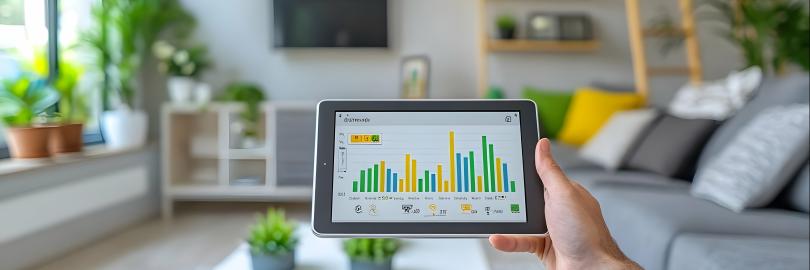 Tablet im Wohnzimmer zeigt Stromnutzung im Zeitverlauf