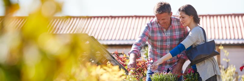 Ein Paar sucht im Gartenmarkt Pflanzen aus