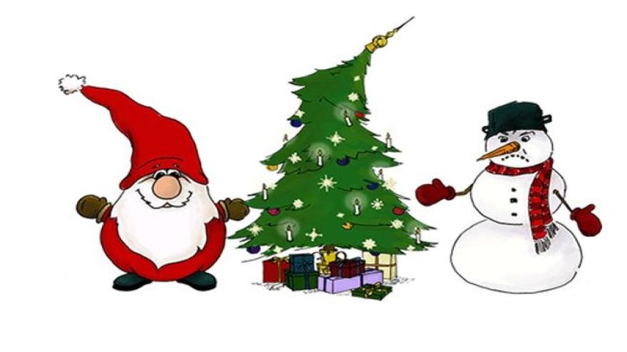 Zeichenfiguren Weihnachtsmann und Schneemann neben einem Weihnachtsbaum