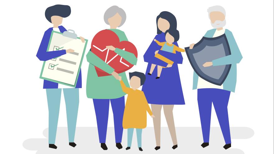 Grafische Figuren jeden Alters halten Icons zum Thema Pflege und Vorsorge