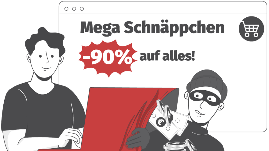 Ein Mann shoppt am Computer während ein Dieb Geld von ihm klaut.