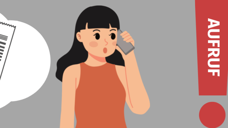 Eine Person spricht telefonisch über einen Anbieterwechsel, daneben das Wort Aufruf in einem Ausrufezeichen