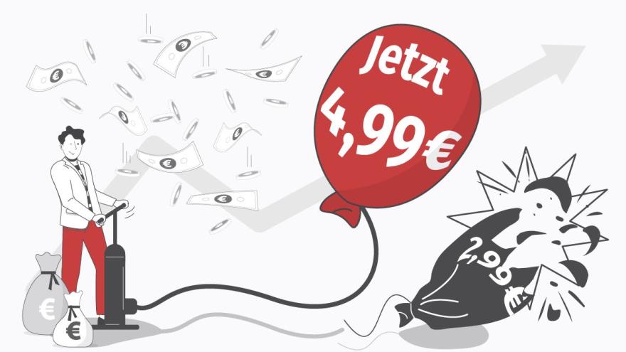 Luftballon mit Preisaufschrift wird von einer Luftpumpe zum Platzen gebracht 