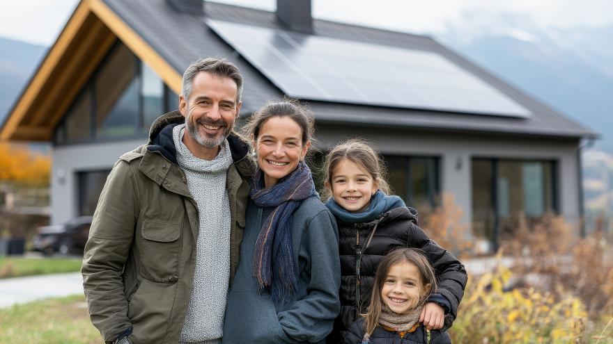 Familie vor einen Eigenheim mit Solaranlage auf dem Dach