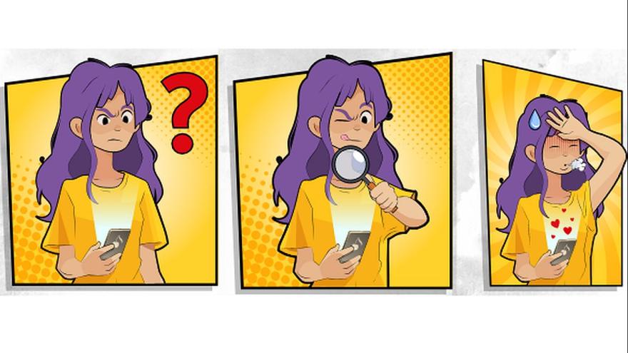 Dreiteiliges Bild mit einer weiblichen Comicfigur mit Lupe, die angestrengt ein Rätsel löst