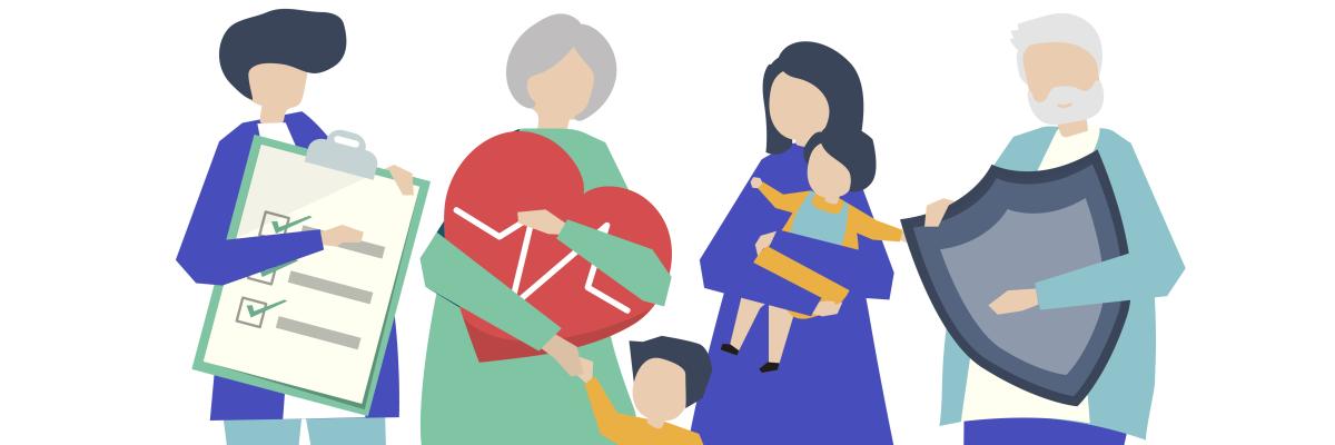 Grafische Figuren jeden Alters halten Icons zum Thema Pflege und Vorsorge