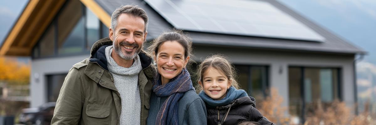 Familie vor einen Eigenheim mit Solaranlage auf dem Dach