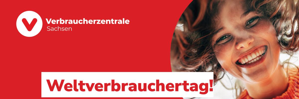 Kampagnenbild mit Logo, lachender Frau und Schriftzug zum Weltverbrauchertag