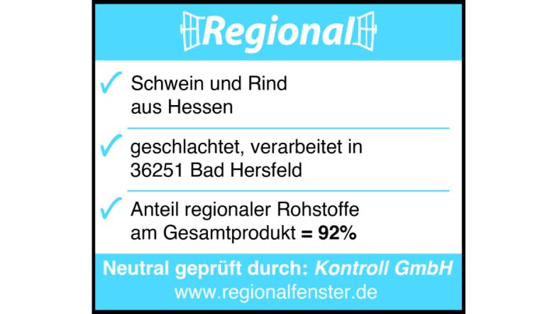 Das Regionalfenster zeigt Herkunftsregion, den Ort der Verarbeitung, Zutaten und die Kontrollstelle