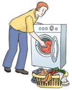 Zeichnung eines Mannes, der gerade einen Waschmaschine mit Kleidung befüllt. 
