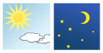 Zeichnung von Tag und Nacht: linkss ist der Tag mit Sonne und einer Wolke; rechts die Nacht mit Sternen und einem Halbmond.