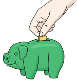Grafik: Zeichnung eines grünen Sparschweis in das gerade eine Münze geworfen wird.