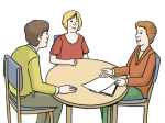 Grafik: Drei Menschen sitzen am runden Tisch. Sie sprechen miteinander.