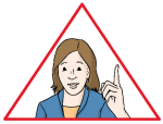 Eine Frau in einem roten Dreieck mit erhobenem Zeigefinger.