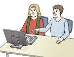 Zwei menschen vor einem Computer.