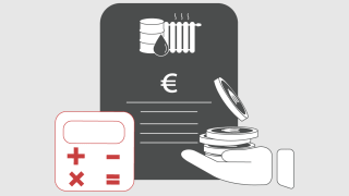 Ein Taschenrechner und eine Hand mit Münzen vor einer Rechnung.