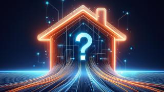 Leuchtende Glasfaserleitungen führen in ein Haus mit Fragezeichen