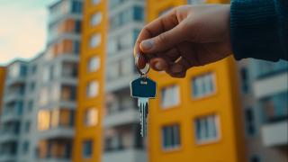 Mann hält Schlüssel vor Wohnblock in die Höhe