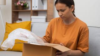 Foto einer Frau, die auf einem Sofa sitzt und bestürzt in ein geöffnetes Paket schaut.