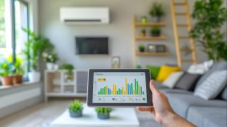 Tablet im Wohnzimmer zeigt Stromnutzung im Zeitverlauf