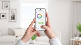 Wohnzimmer, Person hält Smartphone mit Stromverbrauch-App in der Hand