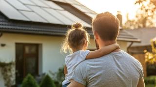 Mann mit Kind blickt auf Photovoltaikanlage auf dem Dach des Eigenheims