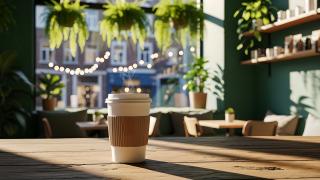 Ein Einwegbecher Kaffee steht auf dem Tisch in einem mit Pflanzen grün gestaltetem Cafe