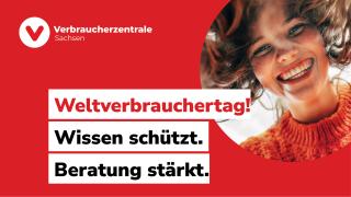 Kampagnenbild mit Logo, lachender Frau und Schriftzug zum Weltverbrauchertag